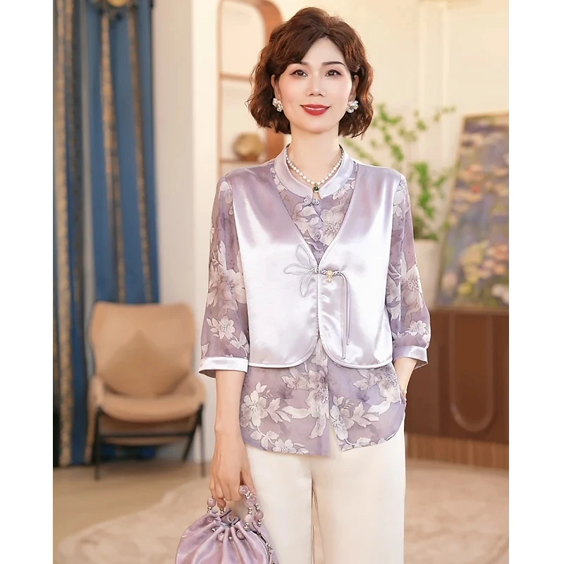 母亲节妈妈夏季套装2025新款洋气假两件上衣服中老年女装两件套