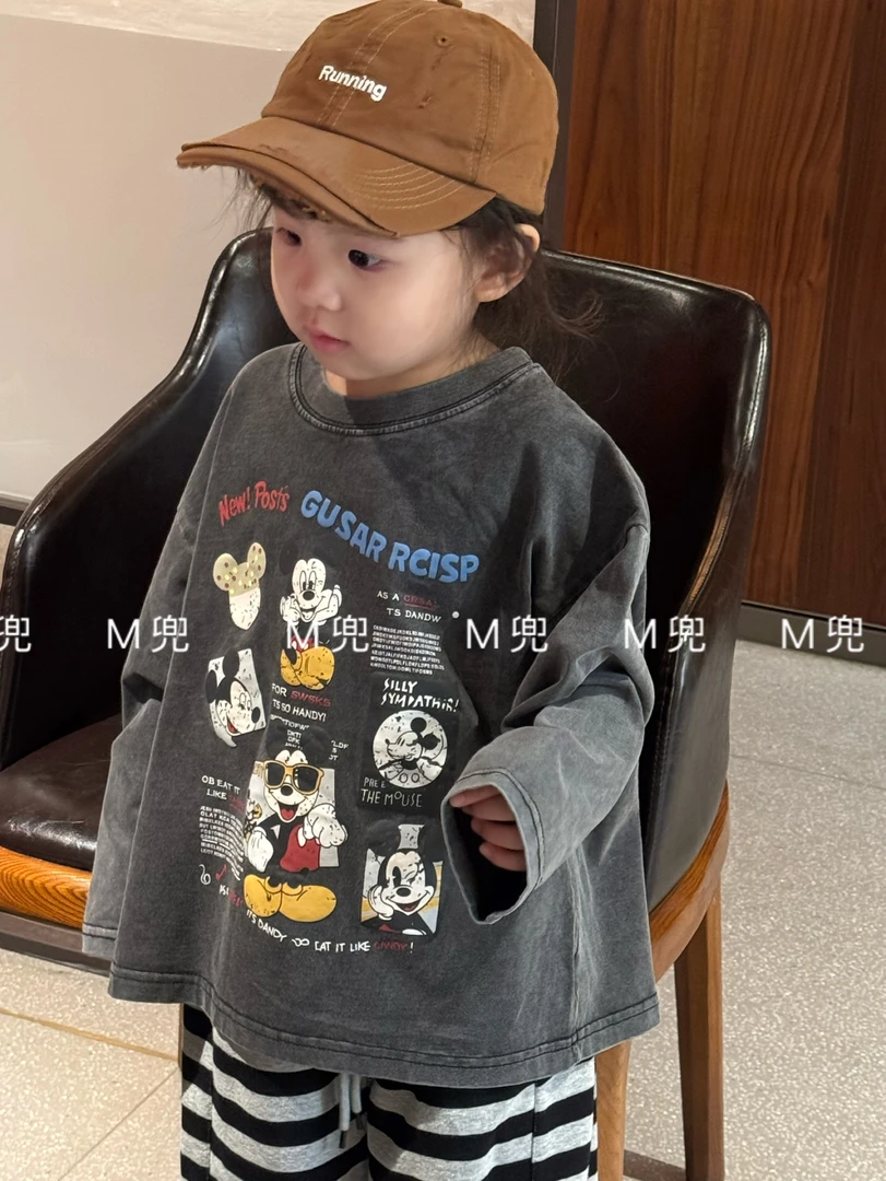 25年新款做旧米奇印花男女同款儿童上衣t