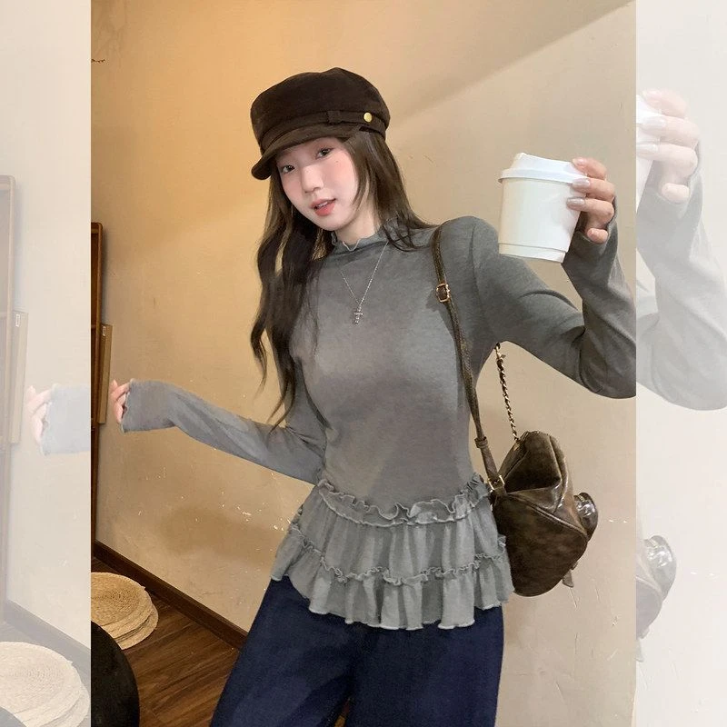 灰色半高领长袖T恤木耳边高级感下摆打底衫内搭秋冬巨好看上衣女