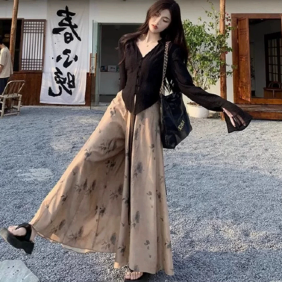 【猫本家】落叶水墨禅意小衫➕裙裤套装