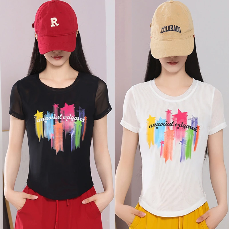 双层网纱短袖跳舞运动广场舞夏季冰感修身显瘦时尚休闲百搭T恤