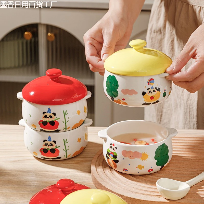 可爱熊猫陶瓷蒸蛋碗带盖炖盅汤盅蒸鸡蛋羹专用碗家用宝宝辅食餐具