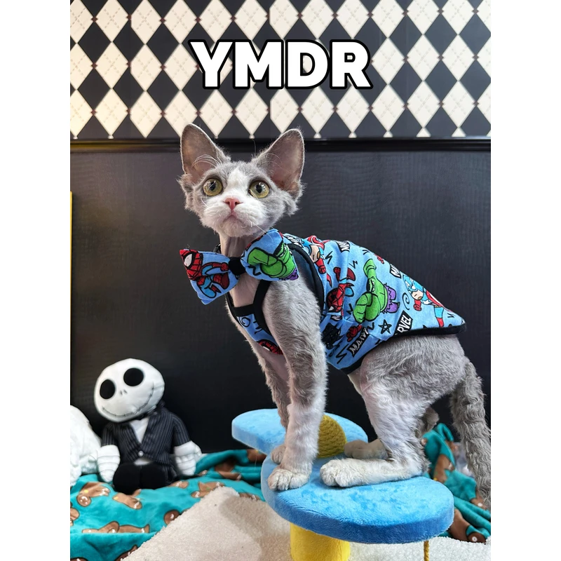 YMDR德文猫无毛猫夏季空调房纯棉吊带 漫威卡通图案 猫咪领结眼镜