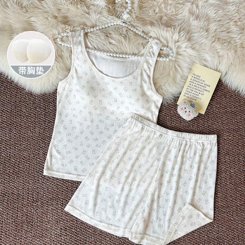 吊带睡衣女款夏季莫代尔洋气新款带胸垫小熊夏天背心家居服两件套