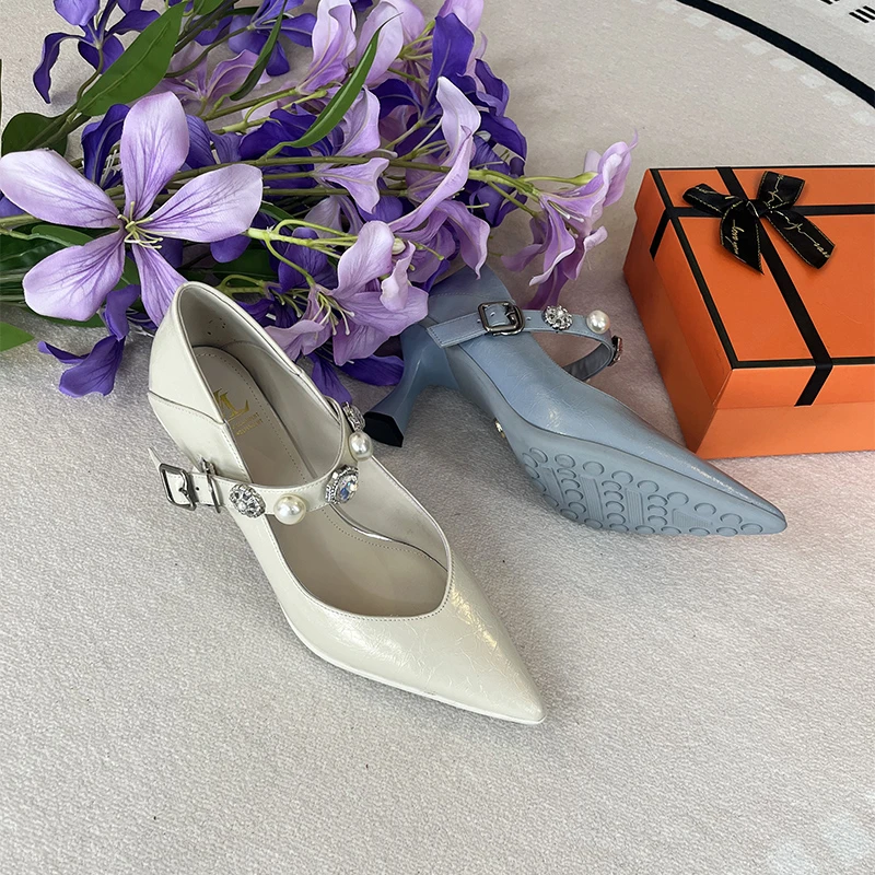 6厘米细跟单鞋真皮一字带运动底女鞋春季新款时尚尖头高跟鞋百搭