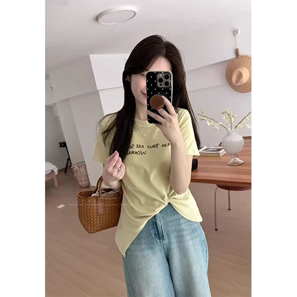 2025年夏季新韩系减龄小个子字母印花圆领短袖女修身显瘦短T恤女