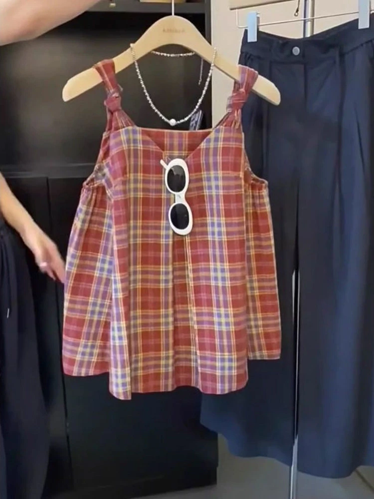 复古撞色格子无袖背心女设计感小众V领宽松百搭吊带上衣夏季外穿