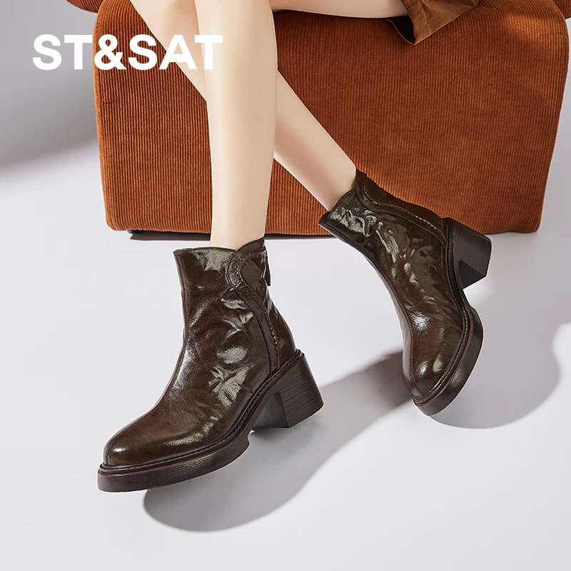 星期六粗跟时尚小短靴女2024年秋冬新款圆头百搭瘦瘦靴气质马丁靴