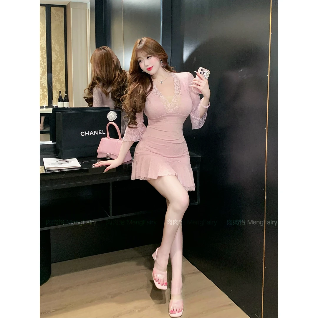 肉肉怡 清清【粉烟紫萝】精致花边气质中袖性感蕾丝连衣裙5325M