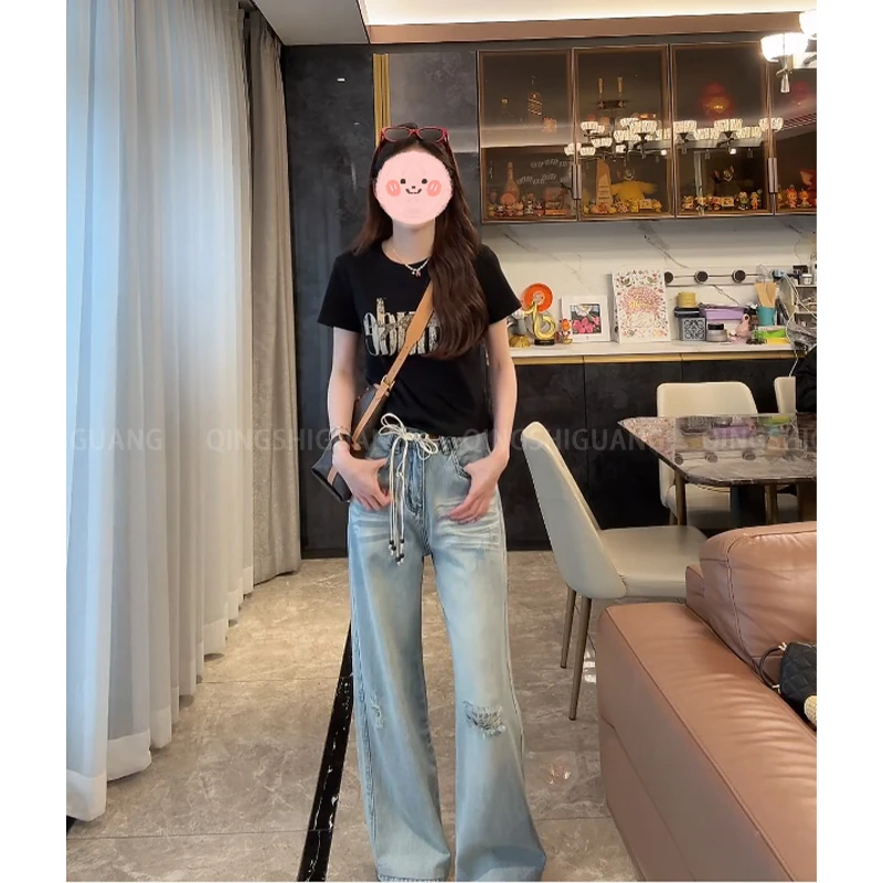 韩式字母印花正肩显瘦短袖T恤女夏季高腰破洞复古感牛仔裤套装