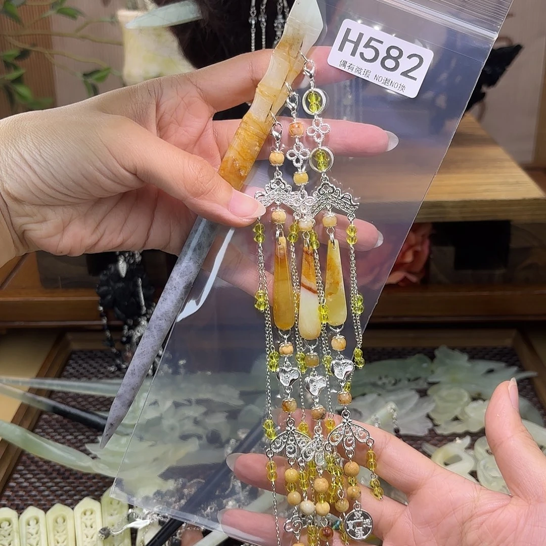 瞌***猫蛇纹石玉合金发饰