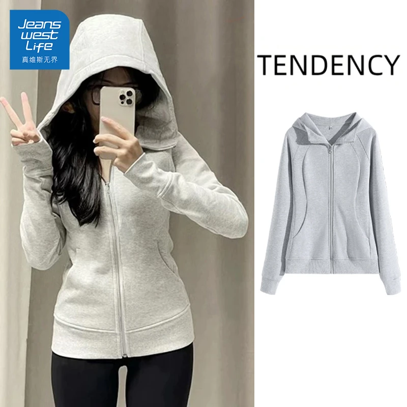 真维斯无界外套女秋季爆款2025新款收腰修身连帽卫衣休闲长袖上衣