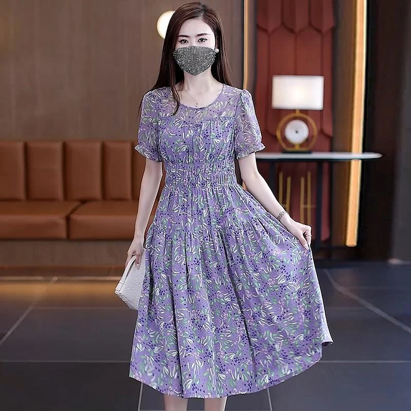 小个子雪纺碎花连衣裙女爆款2025夏季新款时尚洋气中长款收腰裙子