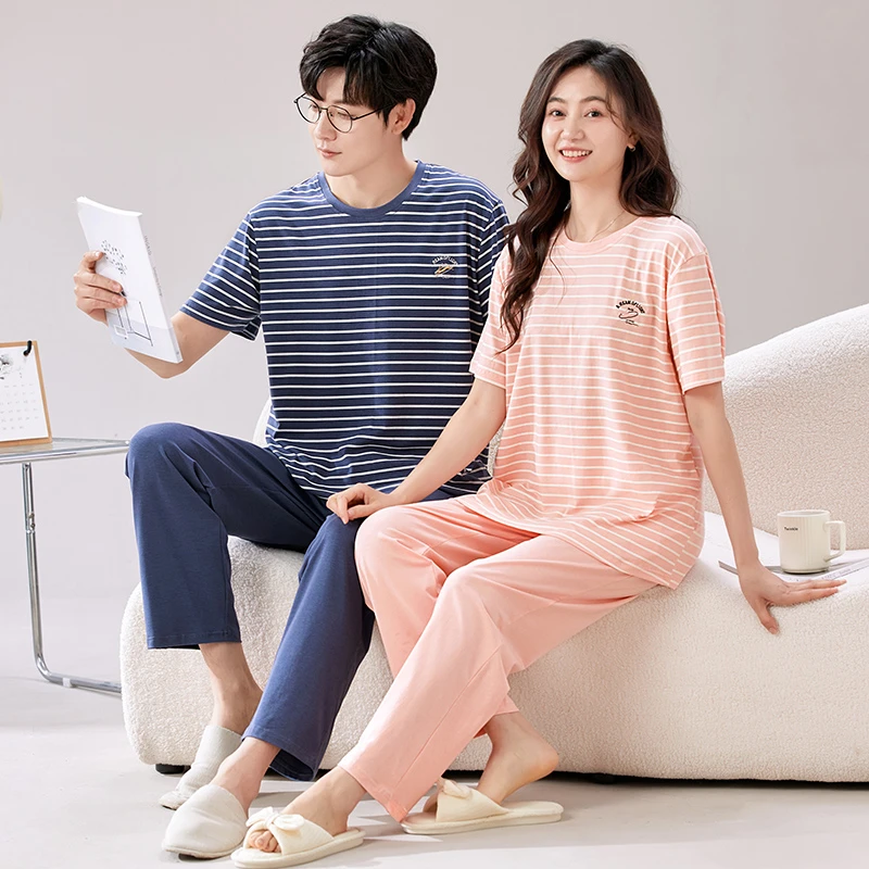 情侣睡衣女夏季纯棉弹性薄款短袖长裤圆领时尚条纹男女款家居服
