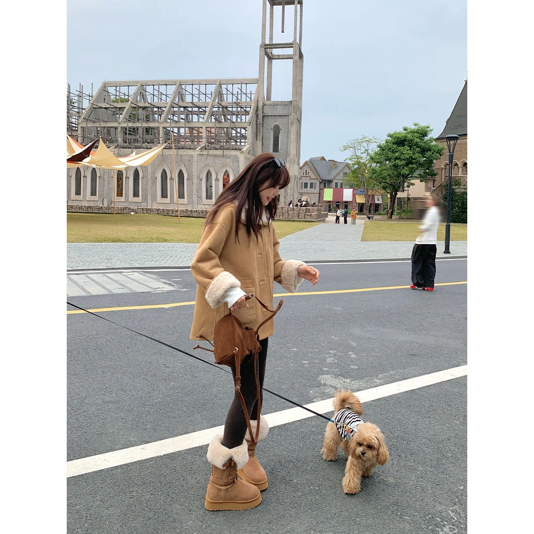 切糕自制【暮色苍茫】小个子女秋冬设计感两面穿立领羔毛加厚外套