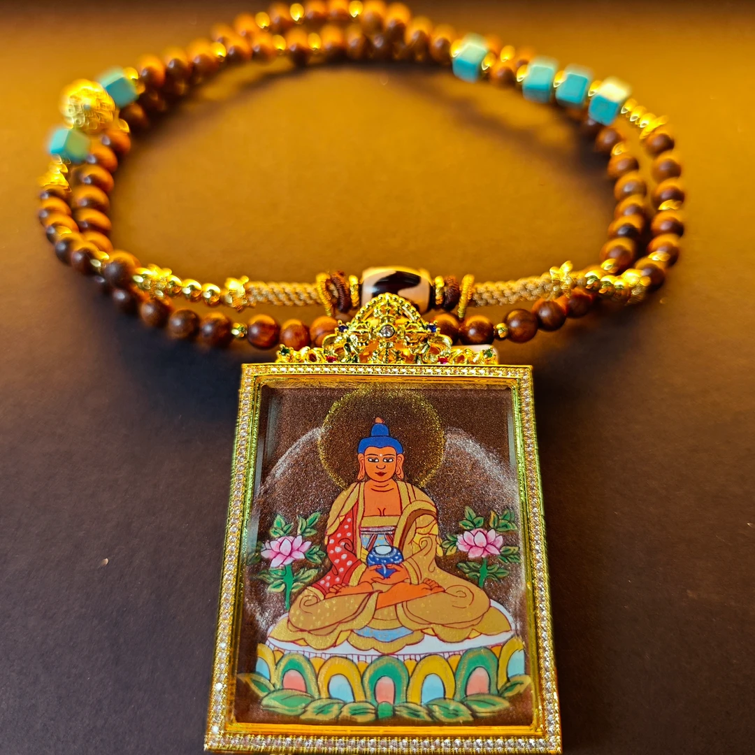 {阿弥陀佛}手绘金嘎乌镶钻双面唐卡