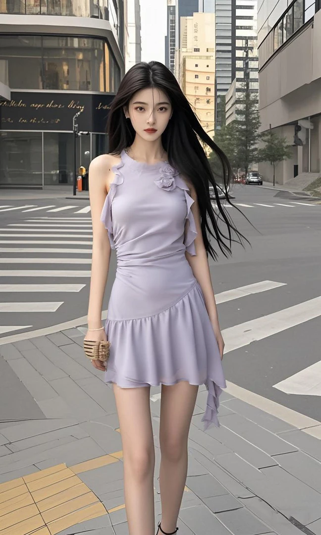 夏季新款紫色圆领收腰连衣裙女小众设计时尚气质显瘦高级感穿搭