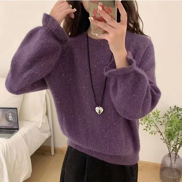【荷叶袖紫色亮丝】简约针织衫宽松休闲时尚百搭长袖网红外穿