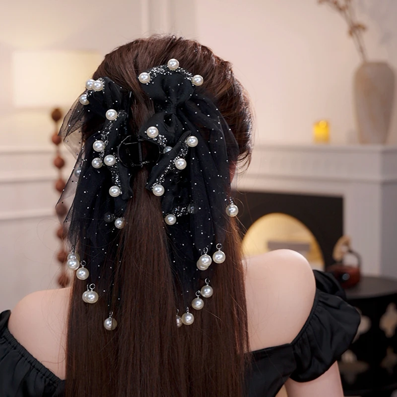 维也纳法式裙摆抓夹珠珠镶钻网纱蝴蝶结发饰显发量遮肉百搭鲨鱼夹