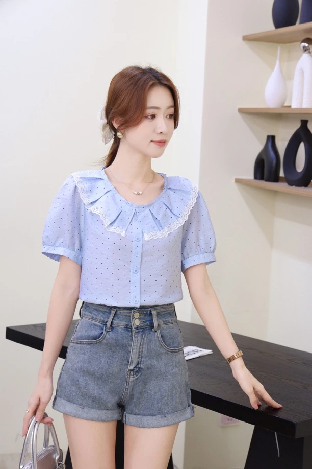 衬衫袖圆点娃娃领蕾丝雪纺衫短袖法式衬衫甜美夏季