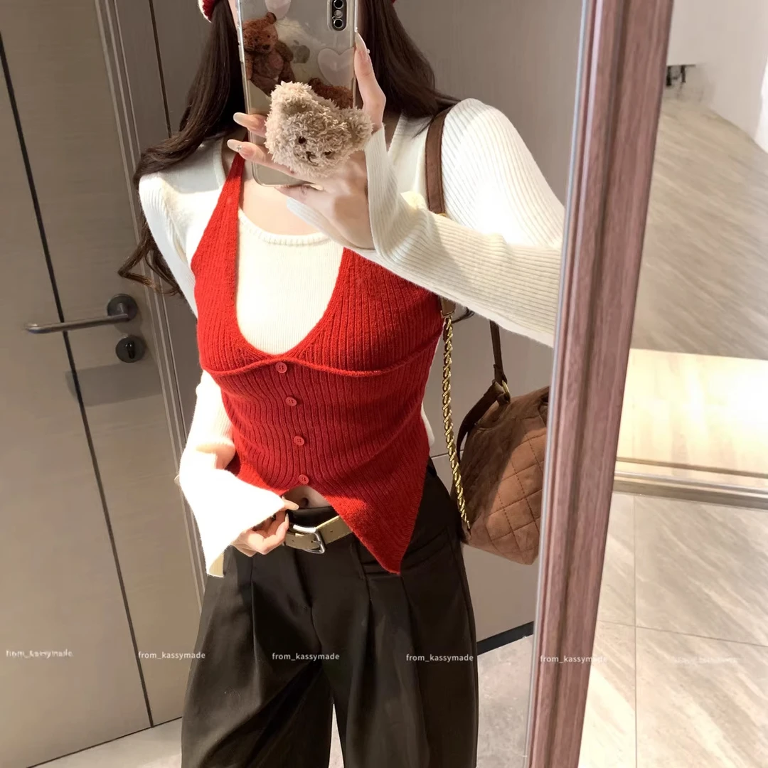 实拍挂脖系带假两件设计跟长袖针织衫秋冬韩系简约休闲上衣女装