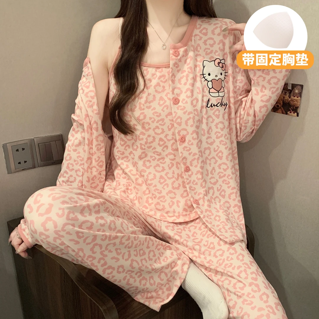【KT】双面德绒睡衣女冬季加绒吊带三件套带胸垫豹纹保暖家居服3304