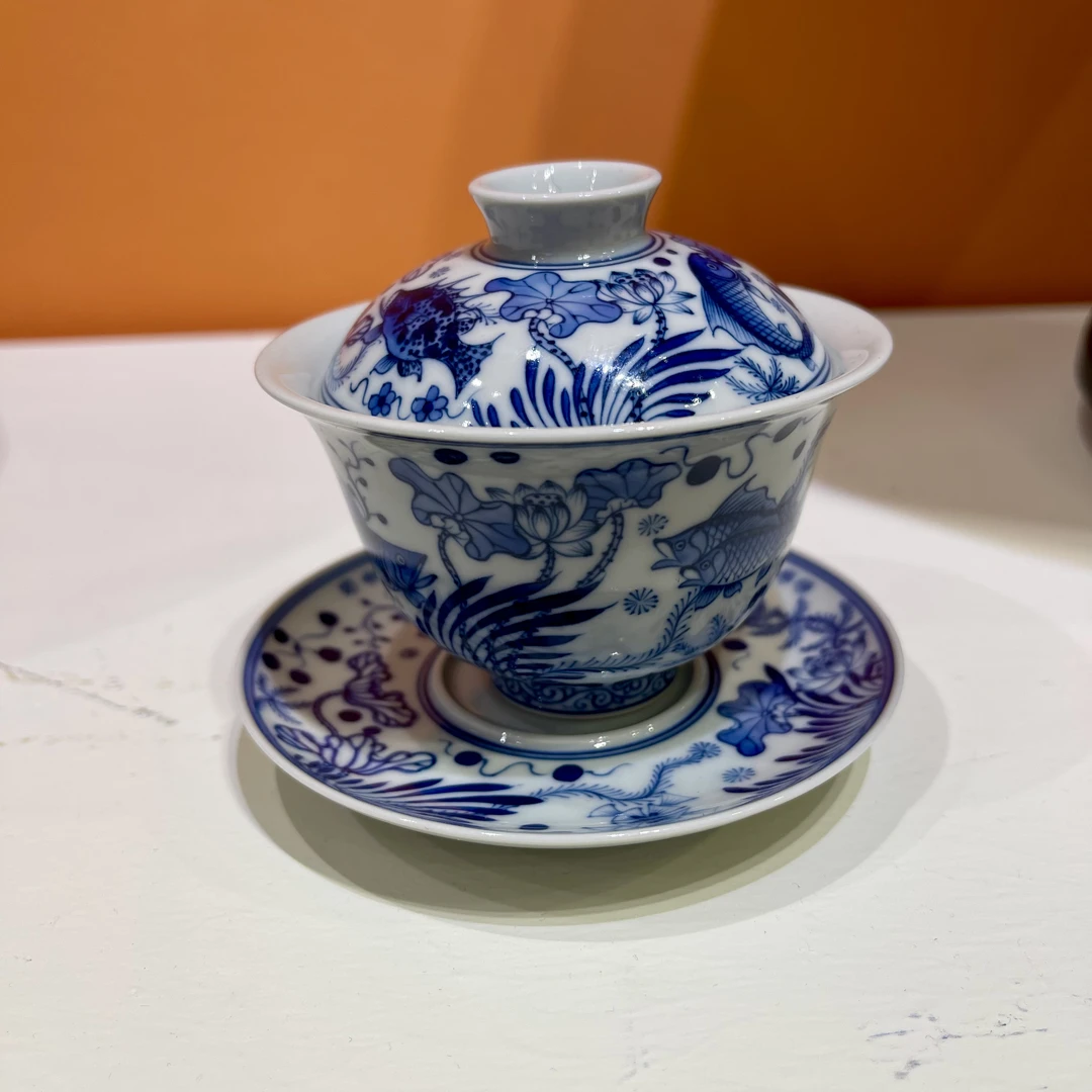 钟家窑 柴窑 纯手绘 青花 鱼藻纹三才盖碗