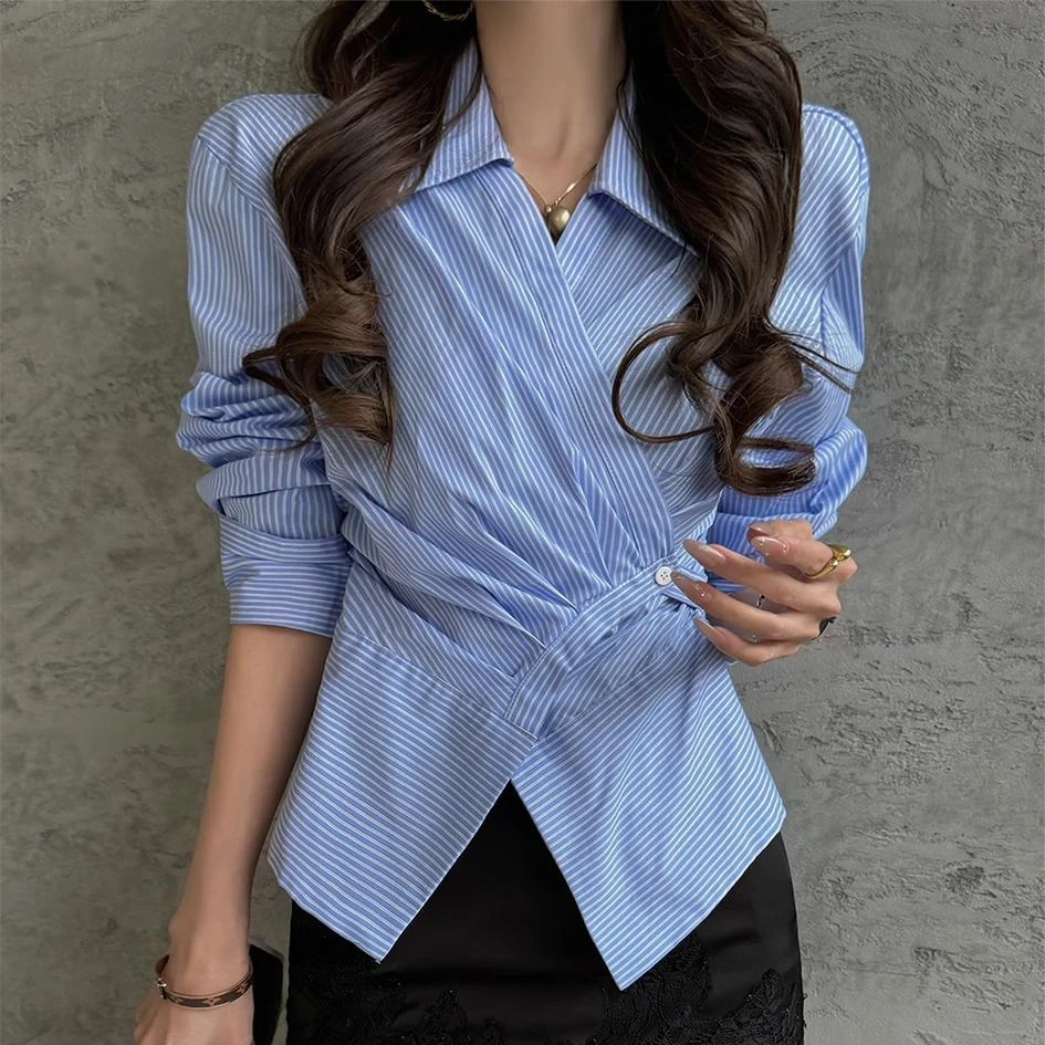 早春新款百搭收腰显瘦时尚高级设计感长袖衬衫上衣衬衣小众女