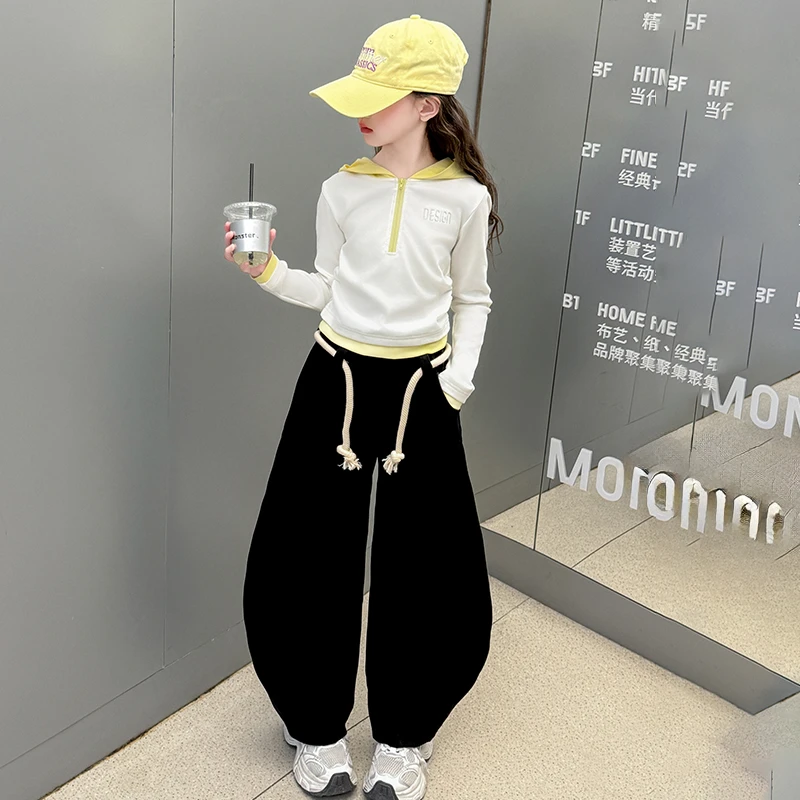 女童套装春秋装3-15岁针织连帽卫衣洋气儿童装针织弯刀裤两件套潮