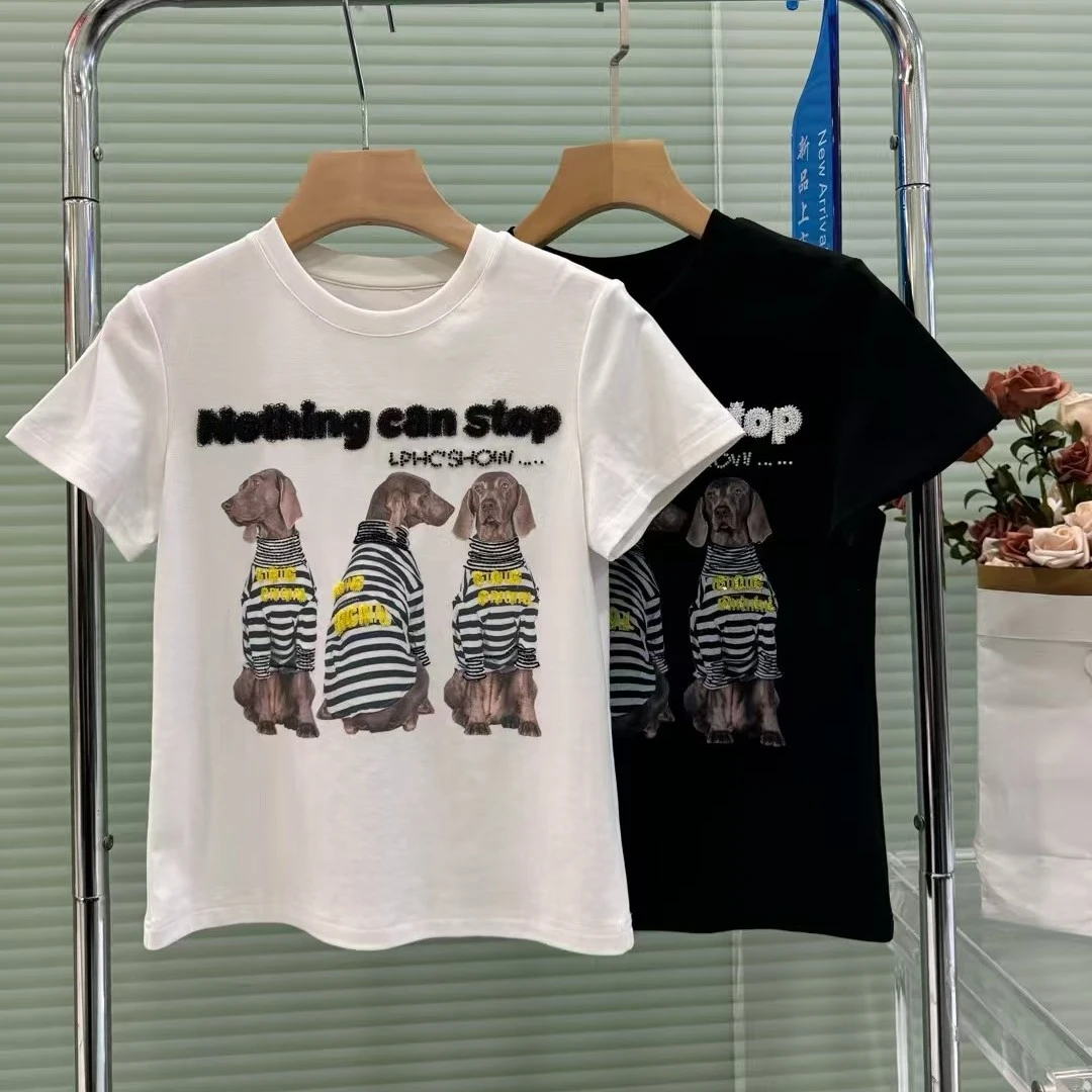 南油小众品牌 新款卡通小狗图案可爱设计印花短T