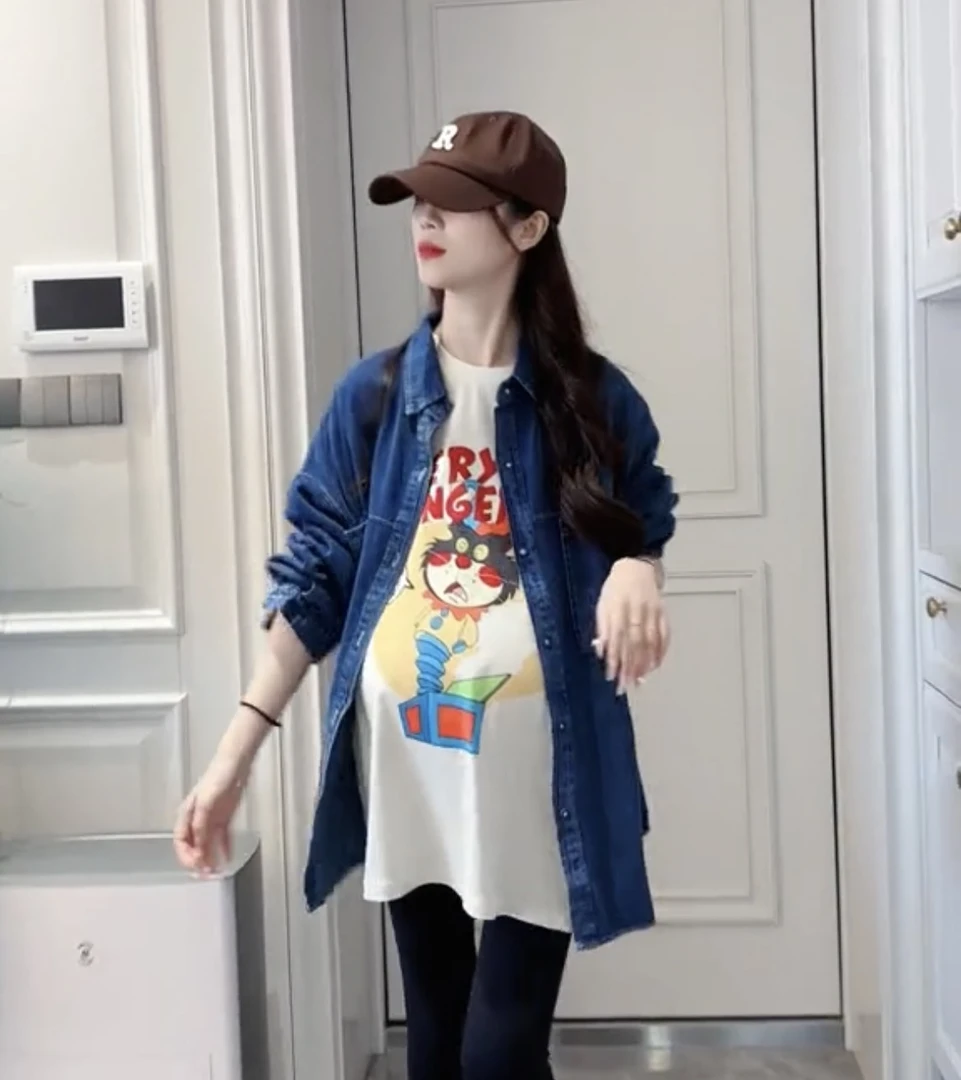 早秋新款~孕妇装衬衫美式复古小众时尚牛仔开衫外套潮妈韩版衬衣