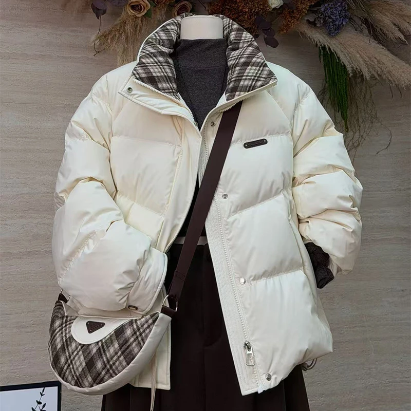 格形领插色小短款羽绒服（送小挎包）25022【运费补贴】