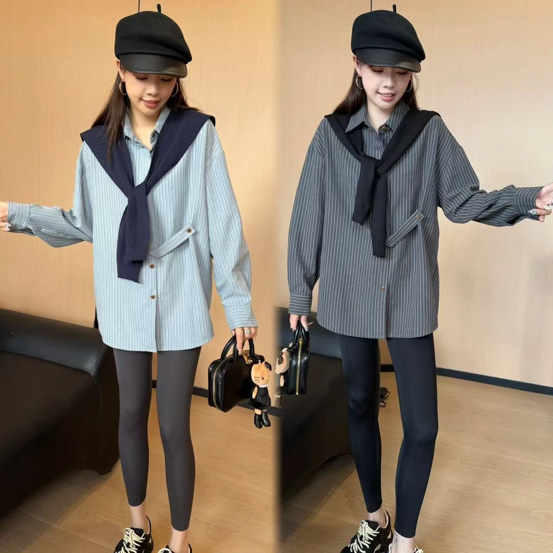 二姐的宝藏秋季新款百搭舒适撞色条纹长袖披肩衬衫#25298