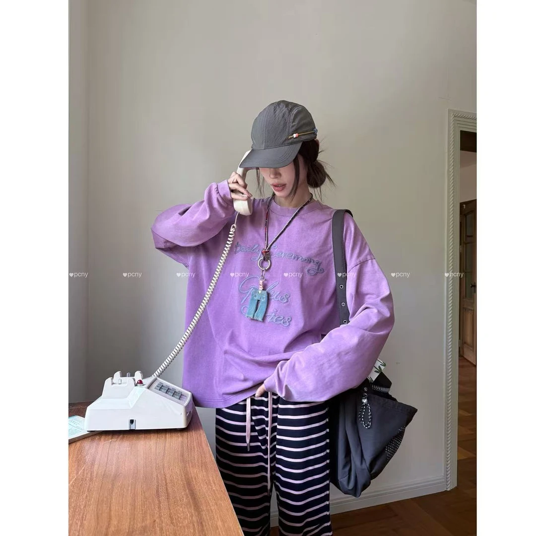 PCNY「自由环游记」不理理冬季新款女装休闲印花宽松圆领长袖T恤女