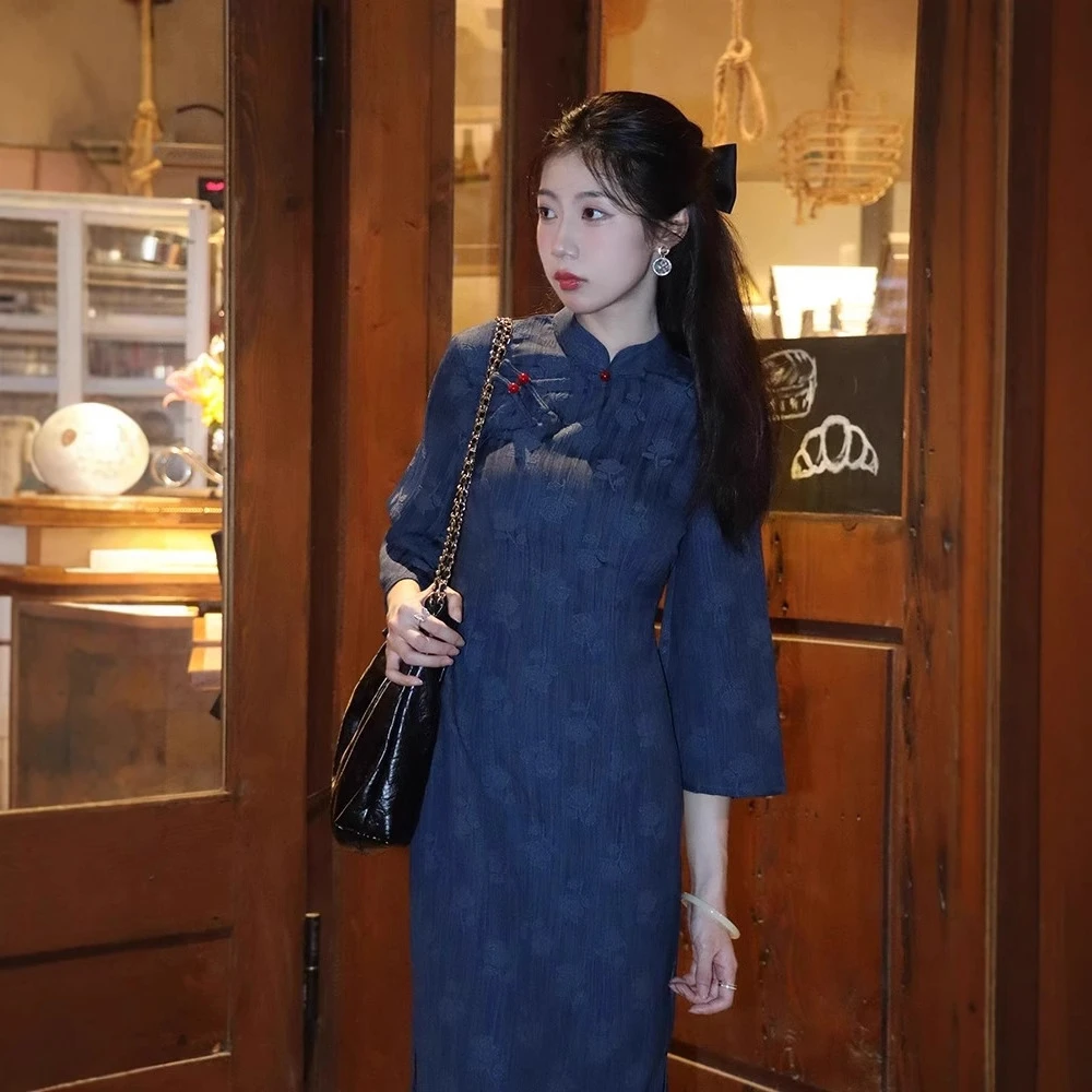 旗袍藏蓝色秋季新款长袖连衣裙新中式网红风显瘦优雅经典中式旗袍