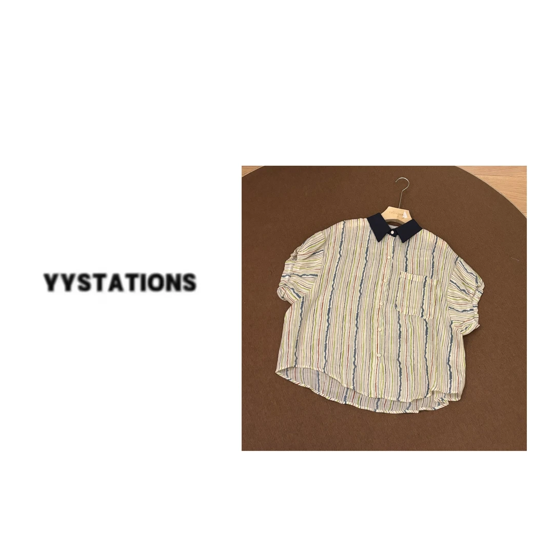 YYSTATIONS 【马里奥！】百搭显瘦翻领拼色条纹短袖衬衫-877