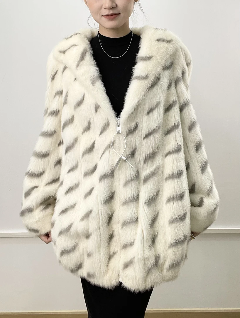 【KH19】  白色中长设计款 水貂拉链款 M码  （胸围109衣长75）