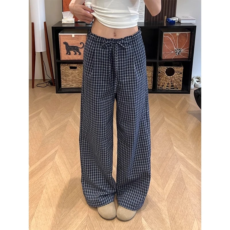 藏青色格子裤女夏高腰木耳边垂坠感遛弯裤宽松显瘦直筒休闲阔腿裤