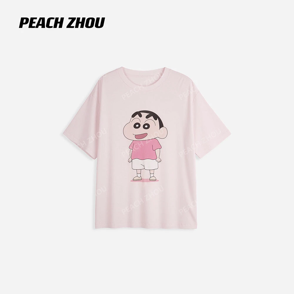 『PEACHZHOU』嫩粉蜡笔小新卡通印花宽松圆领短袖休闲减龄内搭T恤女