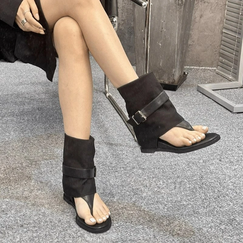 “人字凉靴”ins风皮带扣露趾人字靴子内增高短靴裤管靴两穿凉靴