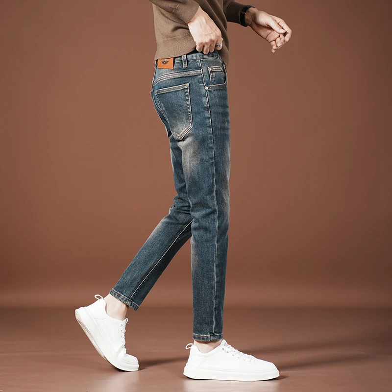 160com小个子高端复古春秋款牛仔裤修身小脚显高显瘦男士九分裤子