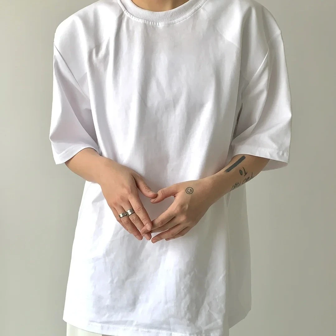 CVC光版高质量后包领短袖男女T恤宽松大码落肩款