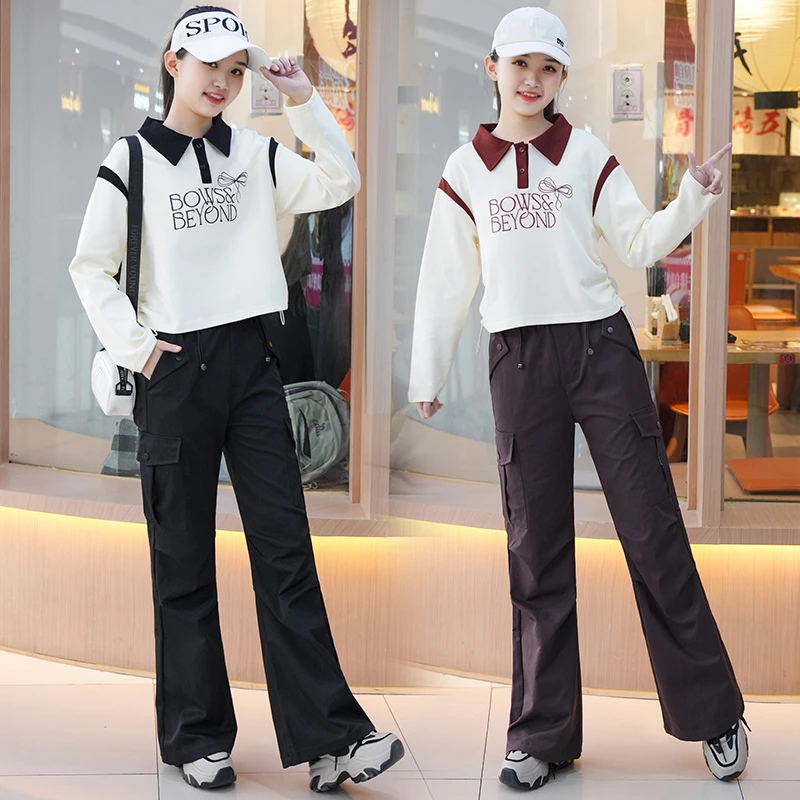 女童春秋套装2025新款初高中学生时髦休闲polo衫微喇工装裤套装