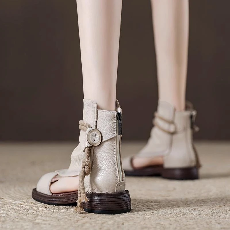 厚底高帮罗马凉鞋女2025新夏季软底绑带凉靴复古镂空透气鱼嘴凉鞋