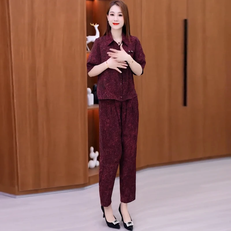 时尚套装女夏季中年妈妈装新款宽松洋气短袖上衣休闲两件套