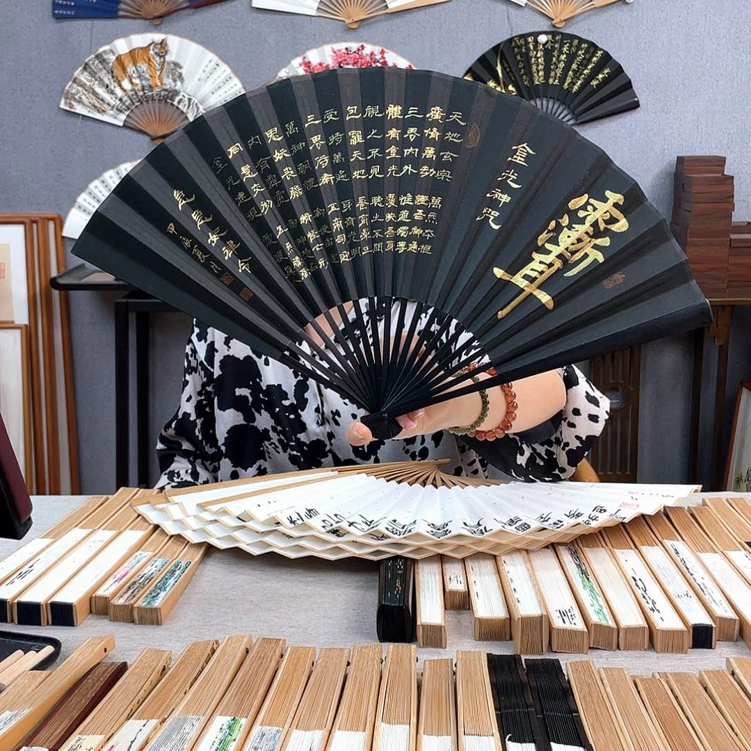 国画95寸黑檀-纯手绘-文玩扇骨（默认粘好）金光咒