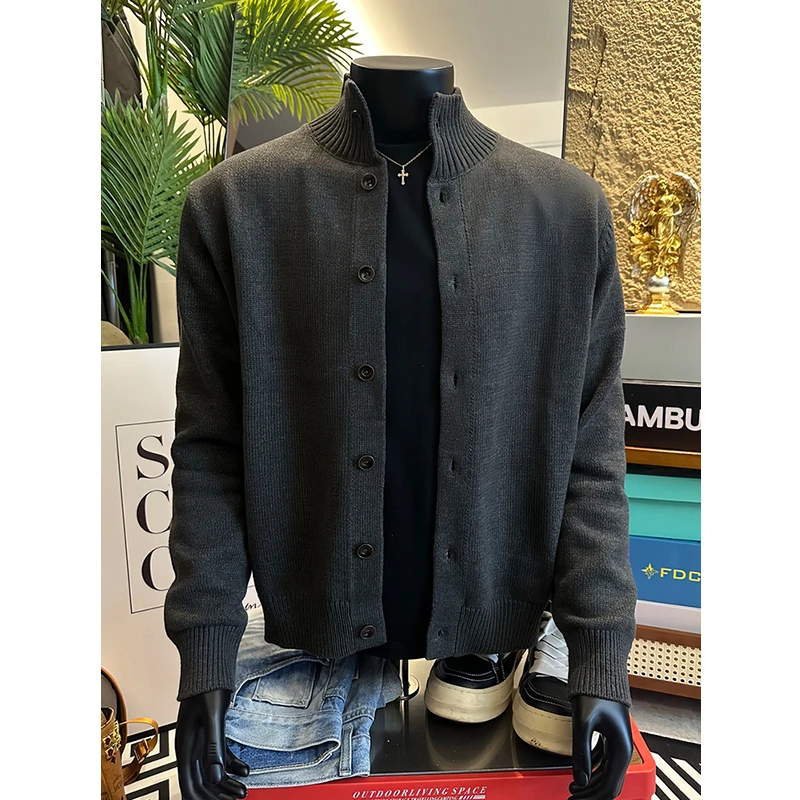 德系全纽扣立领开衫毛衣男款秋冬季老钱风半高领针织衫慵懒风外套