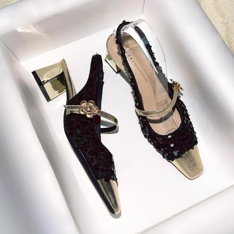 法式气质高跟玛丽珍女鞋夏季新款粗跟方头小香风配裙子凉鞋