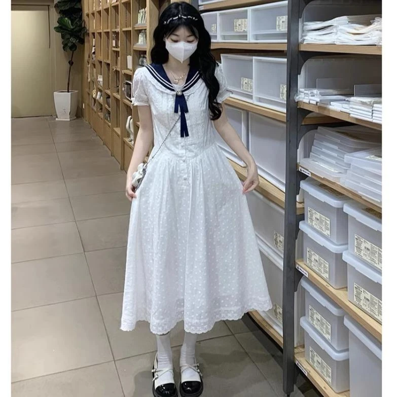 巴拉童年学院风白色连衣裙女夏15初中学生13少女12岁大童裙子温柔