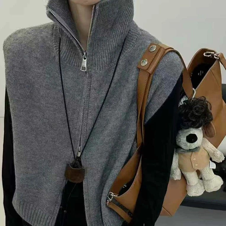 欧货立领双头拉链针织马甲